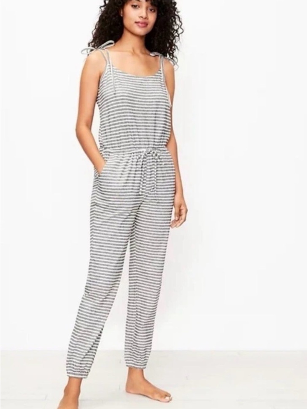 NWT LOFT Sleep Striped Tie Shoulder Jogger Jumpsuit Small Black Ivory